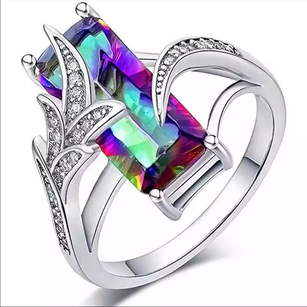 New Luxury Multicolor Rectangle 925 silver Engagement Ring for Women - Picture 1 of 4